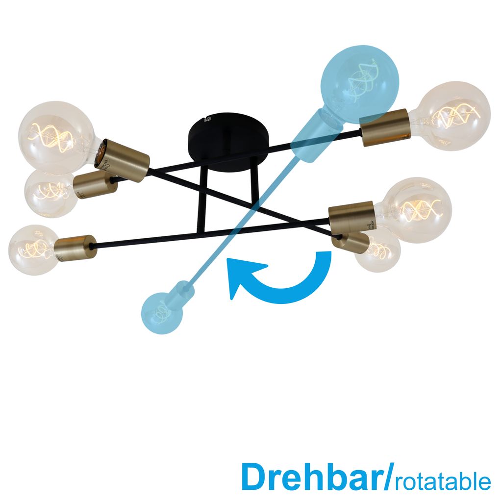 Retro Deckenleuchte 6-flammig ? 55 cm. E27. drehbar. Vintage Design. Schwarz-Gold 4