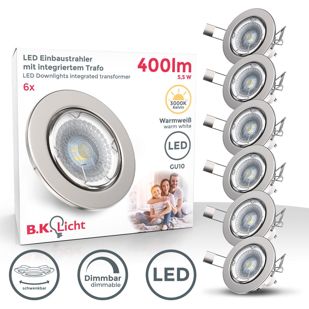 Einbauspot 6er Set 68mm Lochmaß - GU10. 5.5W. 400lm. LED. dimmbar. warmweiß. matt-nickel 1