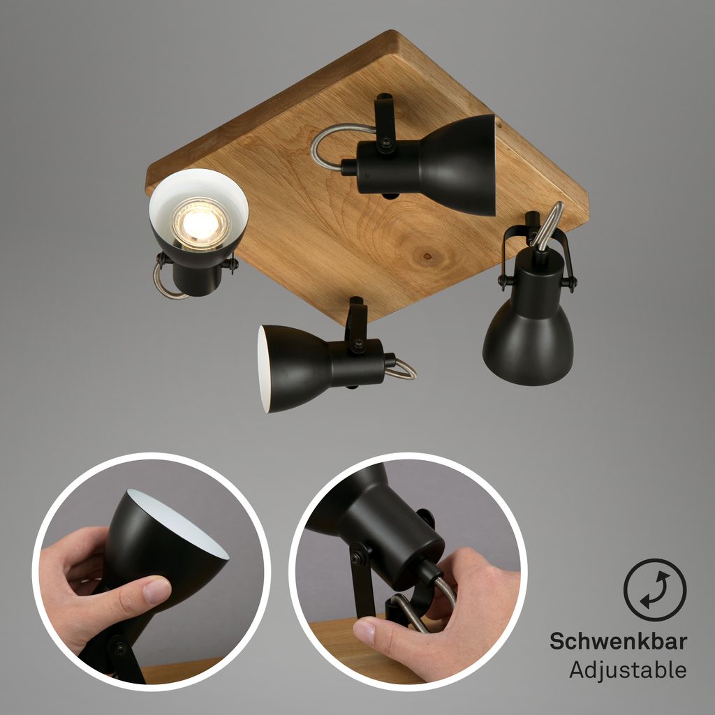 Arbo Deckenspot. schwenkbar. Holzbasis. 4-flammig. Schwarz-Weiß 4