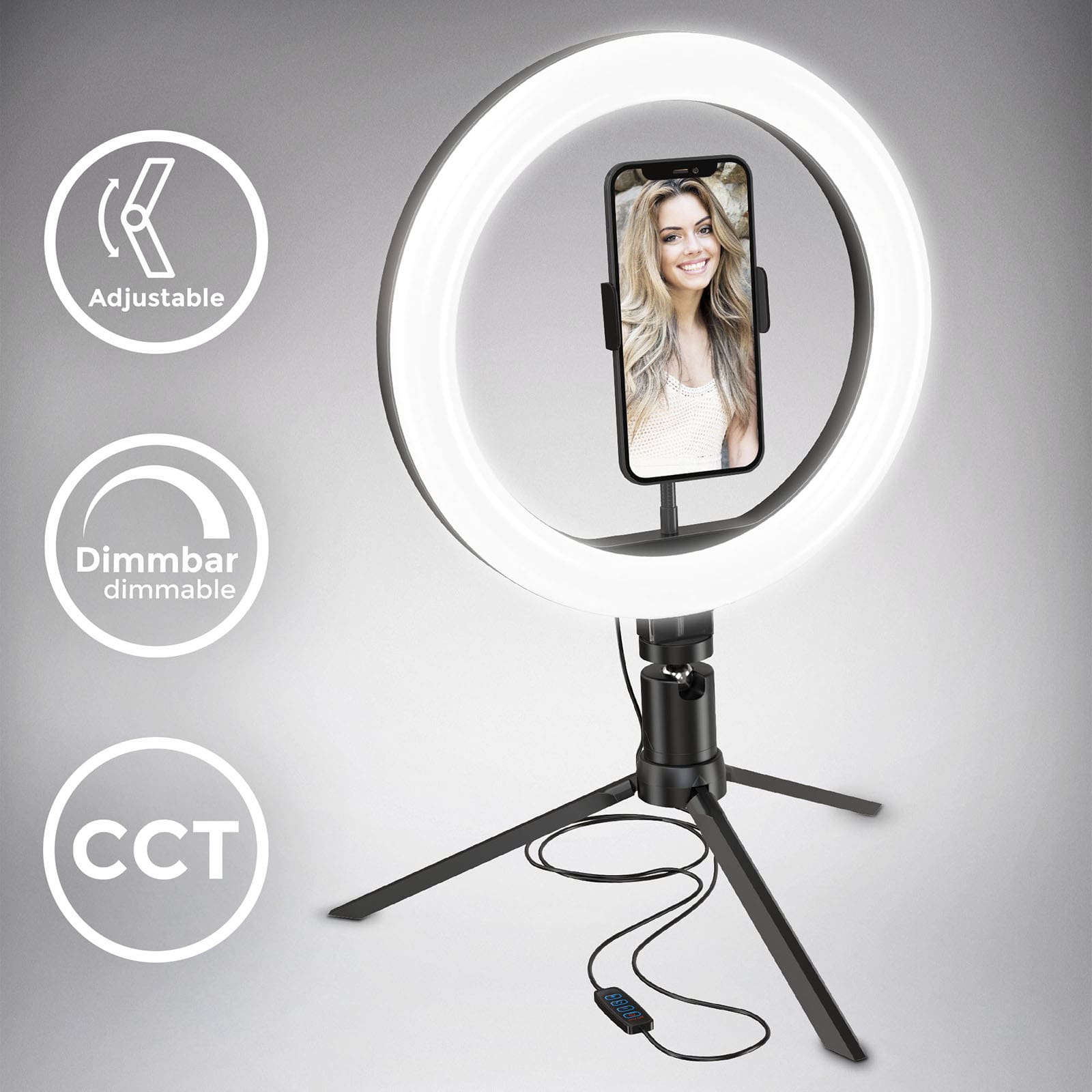 CCT LED Ringleuchte Selfielicht mit Stativ und Handyhalter - 3