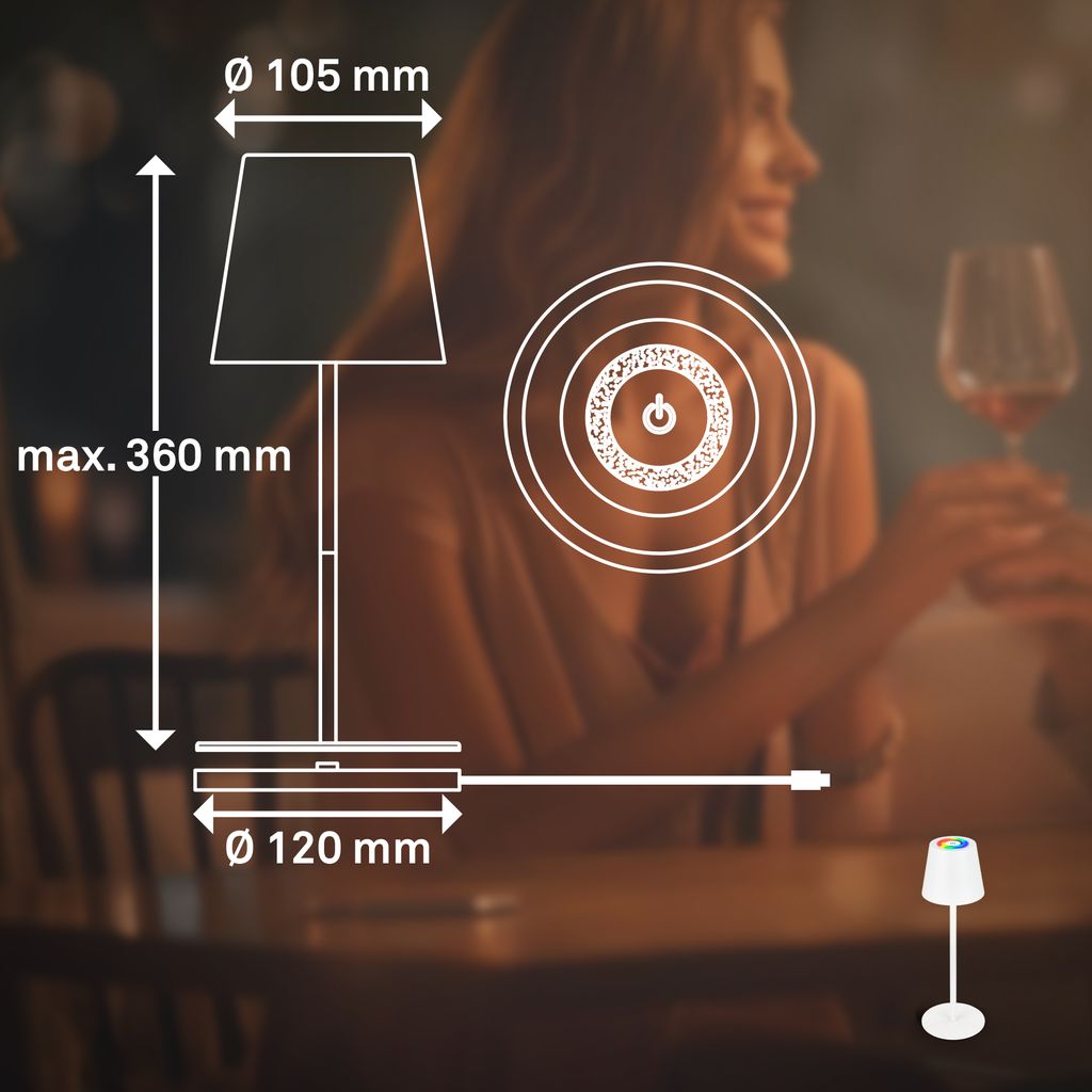 RGBW LED Akku-Tischlampe 36cm - Dimmbar. Touch. IP44. 230lm. 2.5W. 2700K warmweiß. Ladestation. anthrazit 10