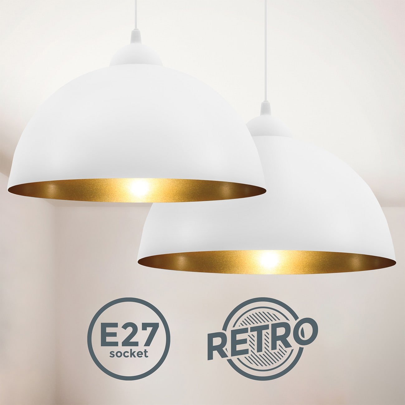 LED Pendelleuchte, 2er Set, Industrielle Vintage Pendellampe, Ø 30cm, E27, für max. 60 Watt, Retro, Deckenlampe, Weiß-Gold - 3