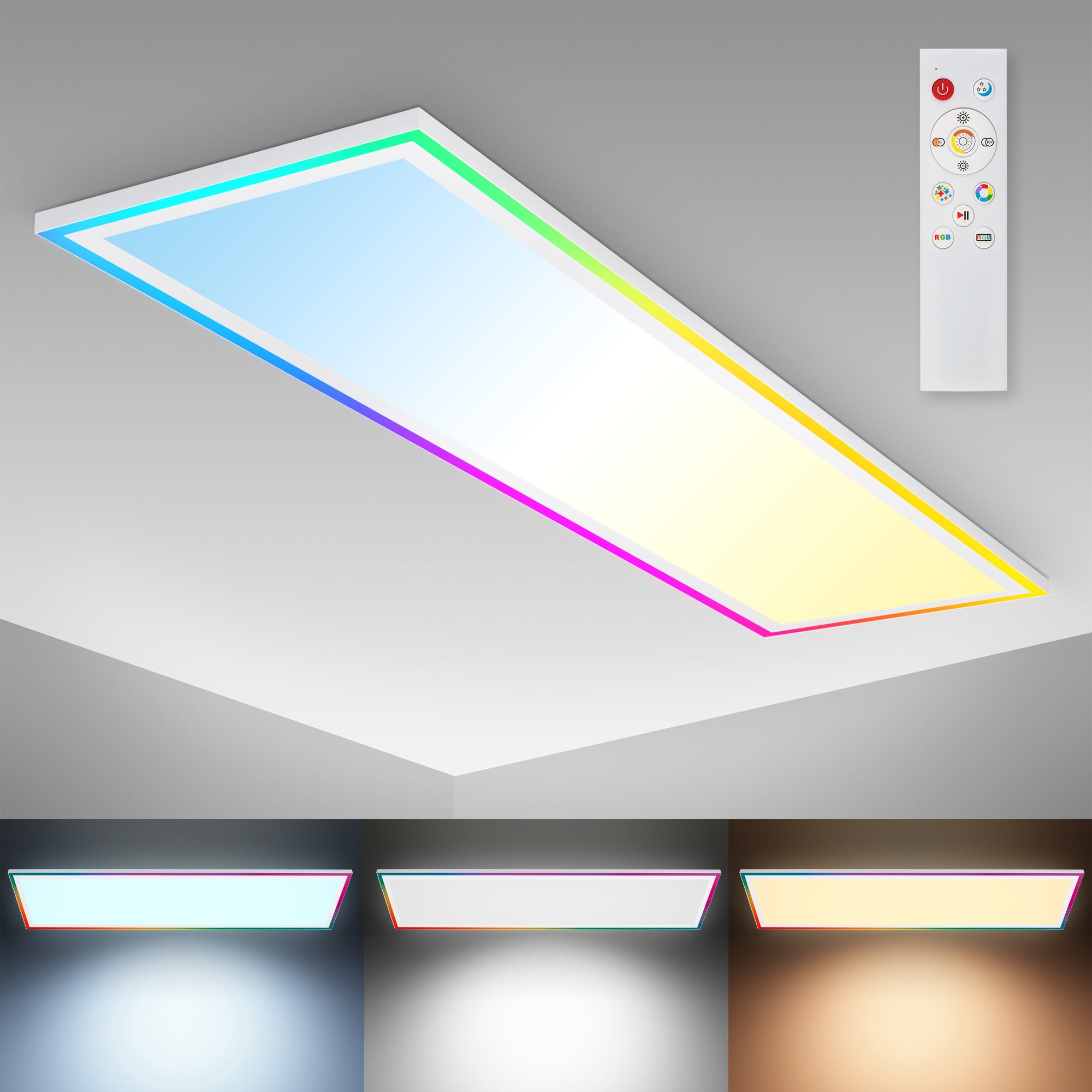  LED Panel dimmbar RGB dynamischer Farbwechsel  - 103x28,5cm - Deckenlampe flach 22W 2400lm CCT 3000–6500K mit Fernbedienung Timer Nachtlicht für Büro Wohnzimmer | weiß - 2