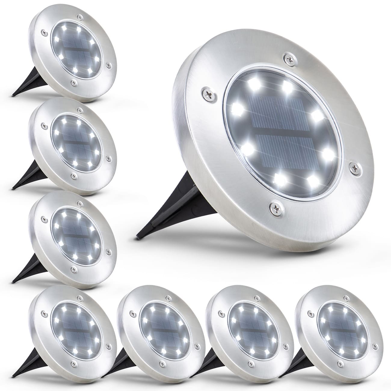 Solar LED Bodenlampen - 8er-Set - Gartenbeleuchtung  Ø11,9 cm inkl Erdspieß Dämmerungssensor IP65 wasserdicht | Edelstahl-Schwarz - 1