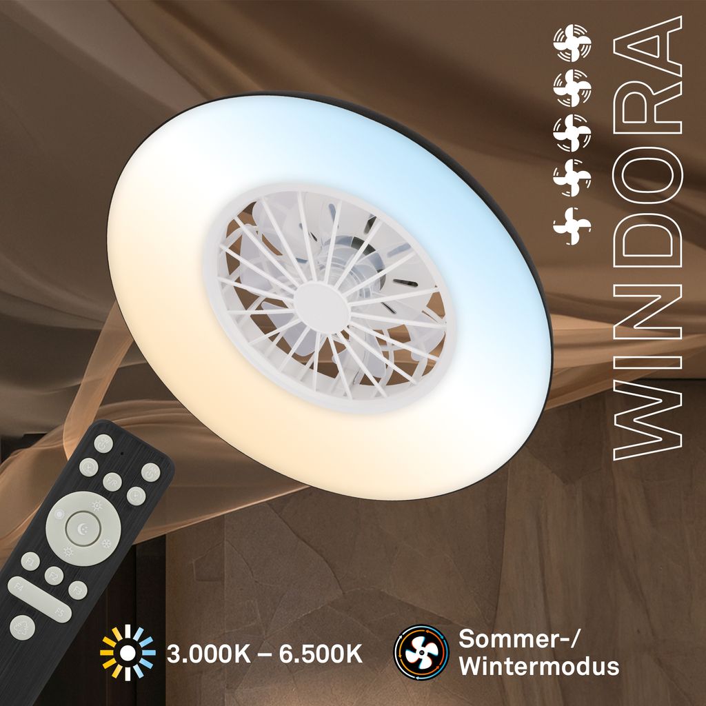 Windora Deckenventilator mit Beleuchtung - 24W, 2600lm, 5 Geschwindkeiten, CCT, Dimmbar, Schwarz, Weiß