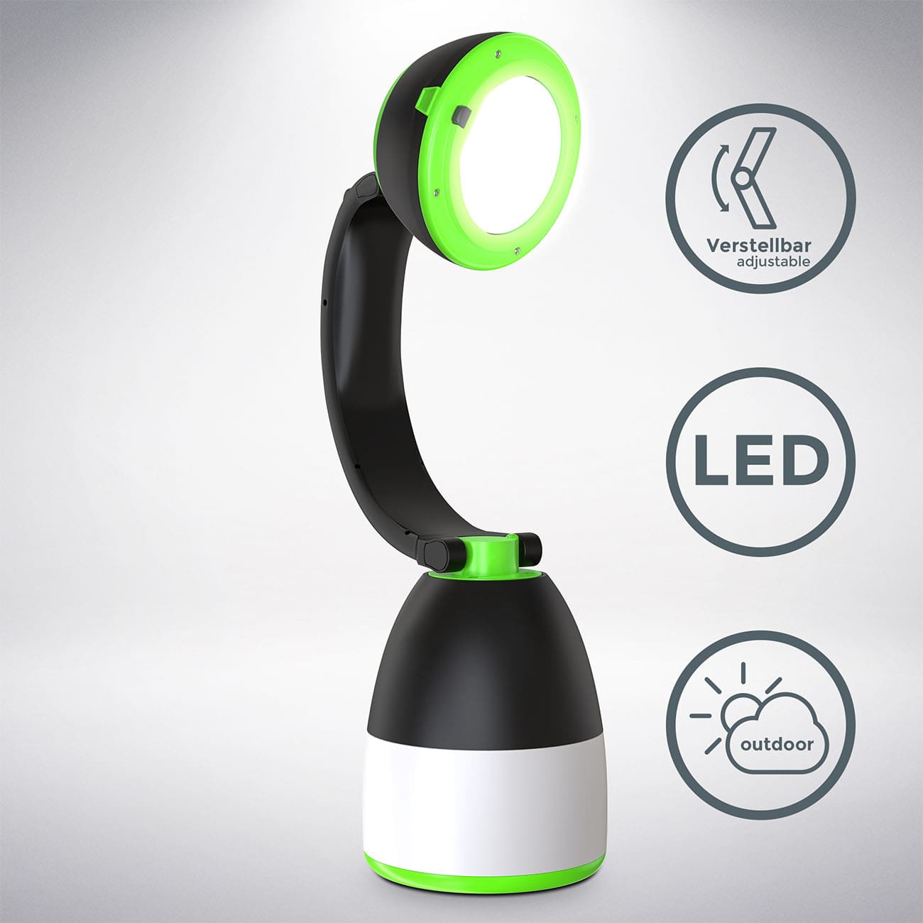 LED Outdoor-Taschenlampe 13x8x15,5 cm - 3 in 1 - Campingleuchte Tisch-Laterne 2 Helligkeitsstufen klappbar batteriebetrieben | grün-schwarz - 3