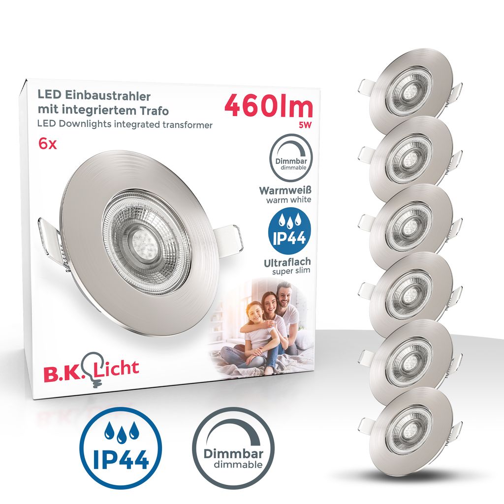Einbaustrahler 68mm 6er Set - 230V. 4.9W. 480lm. LED. dimmbar. IP44. warmweiß. matt-nickel 1