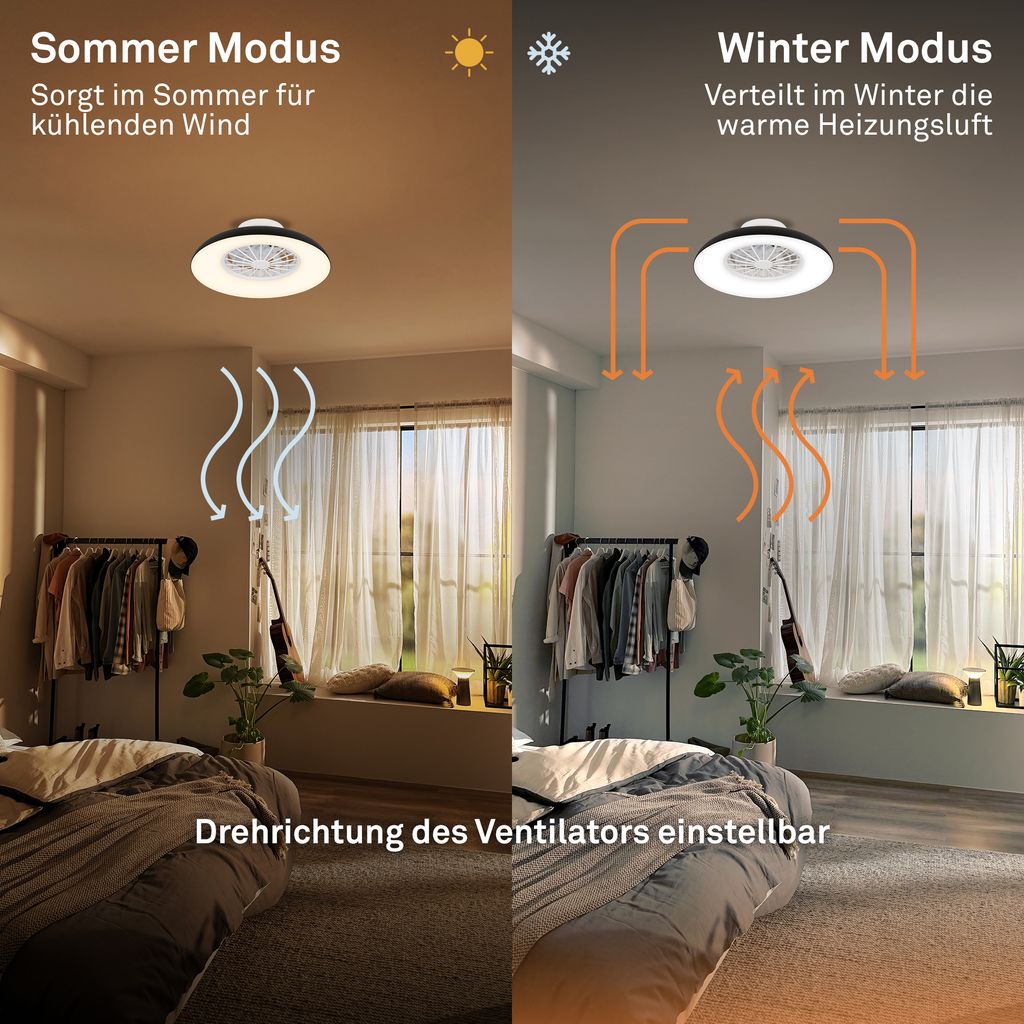 Windora Deckenventilator mit Beleuchtung - 24W, 2600lm, 5 Geschwindkeiten, CCT, Dimmbar, Schwarz, Weiß