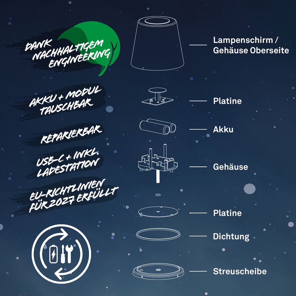 RGBW LED Akku-Tischlampe 36cm - Dimmbar. Touch. IP44. 230lm. 2.5W. 2700K warmweiß. Ladestation. anthrazit 3