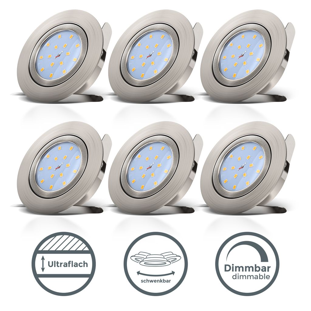 Einbauspot 6er Set 68mm Lochmaß - 230V, 5,5W, 470lm, LED, dimmbar, warmweiß, matt-nickel