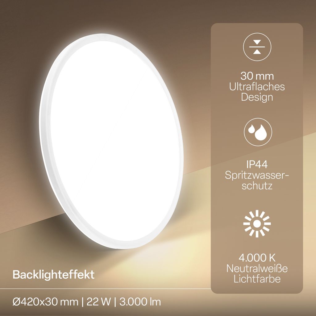 LED Deckenlampe Panel Bad Deckenleuchte Flach IP44 Neutralweiß Licht 42cm Weiß 1