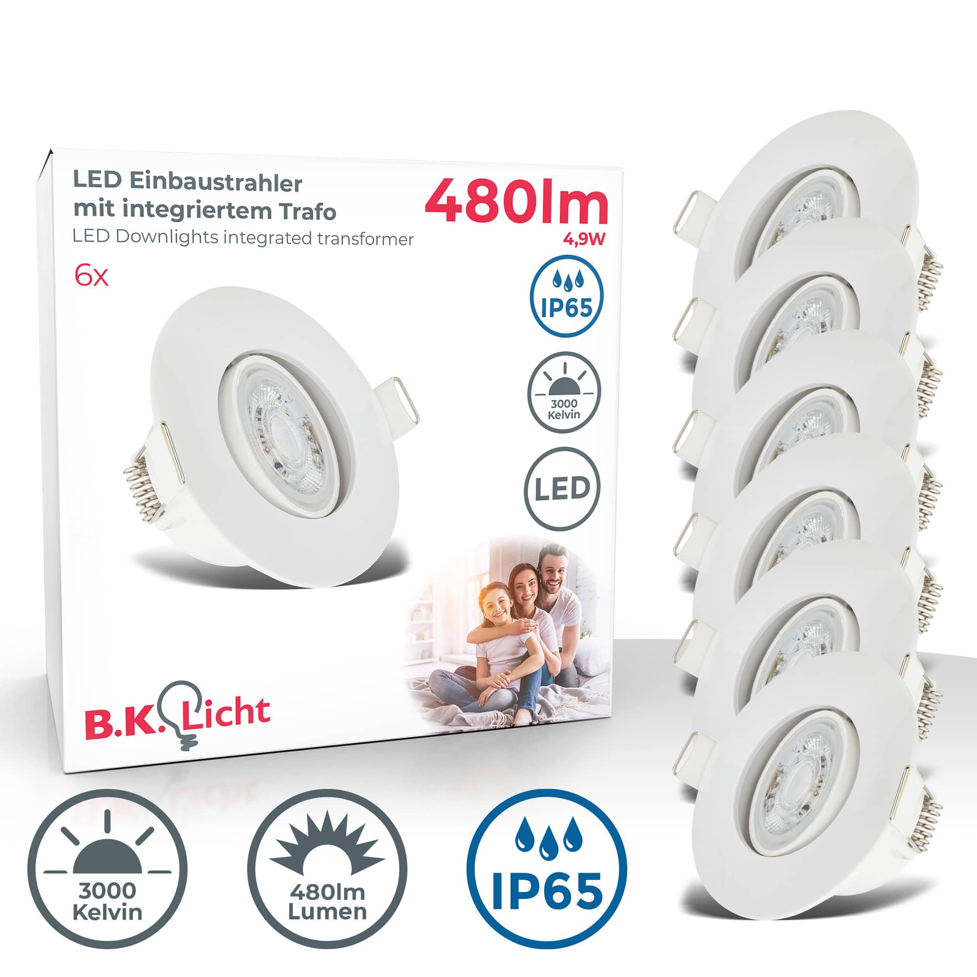 LED Bad Einbaustrahler IP65 schwenkbar - 6er SET - Einbauleuchten 230V Ø90mm wasserfest Badezimmer 5W 480lm warmweiße Lichtfarbe | weiß - 1