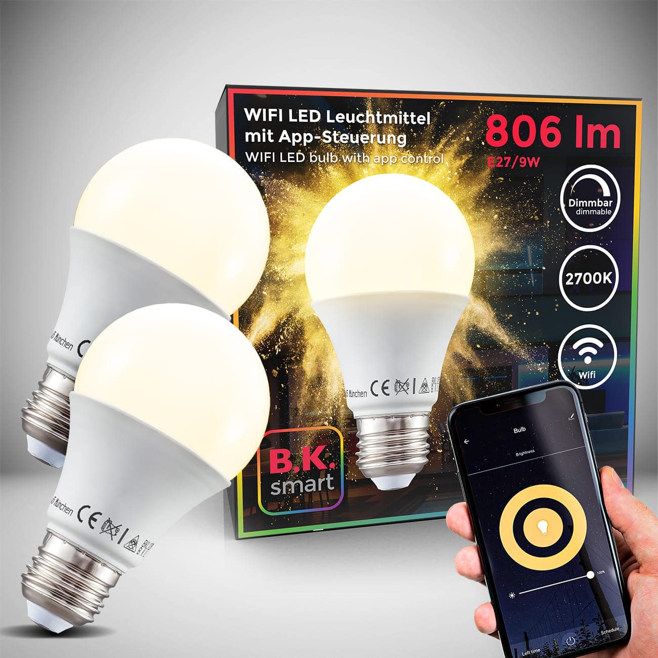 Smartes LED Leuchtmittel E27 dimmbar - 2er Set - Energiespar-Lampe  112x60mm WIFI IOS und Android Tropfenform 9W 806lm 2.700K warmweißes Licht | weiß - 1