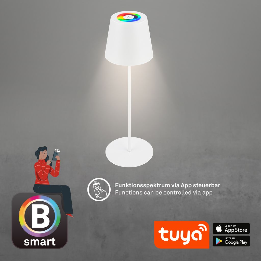 LED Akku-Tischlampe 36cm - kabellos. Smart. Dimmbar. 300 Lumen. 3.5W. 2700K warmweiß. weiß 3