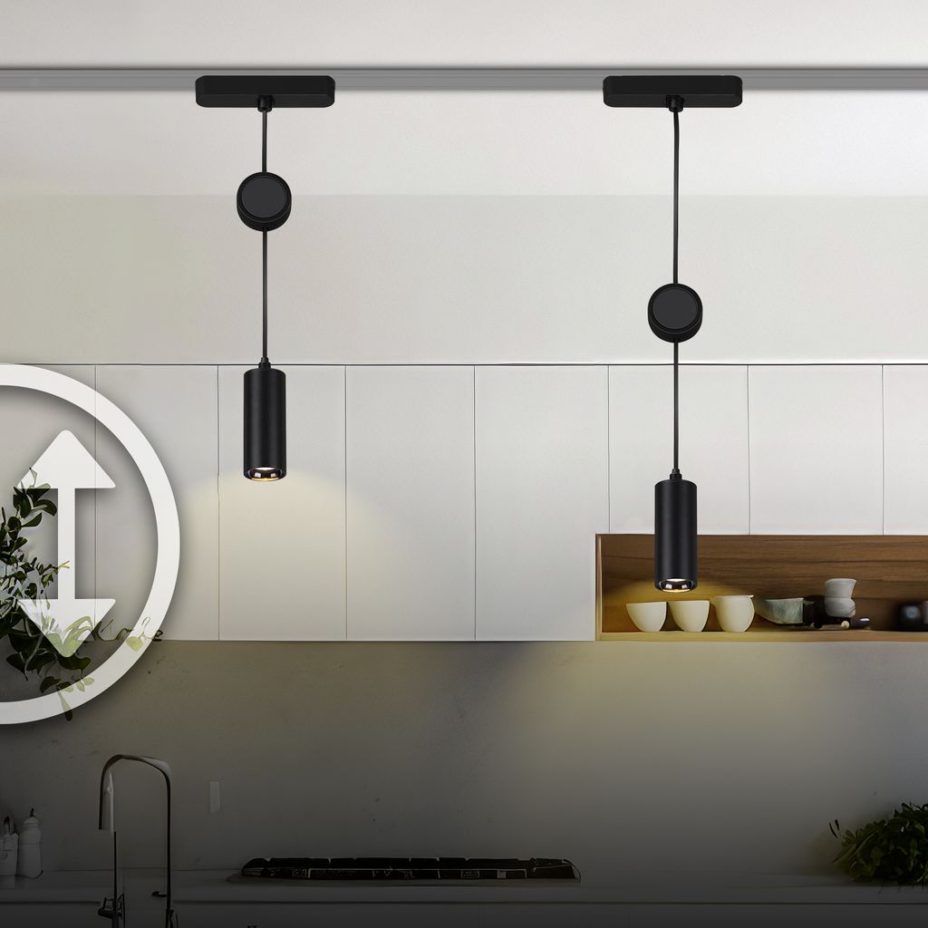 NV Track Schienensystem. Komplettset. 6x LED Spots. 2x LED Pendel. Schwenkbar. Höhenverstellbar. Schwarz. 4 m 3