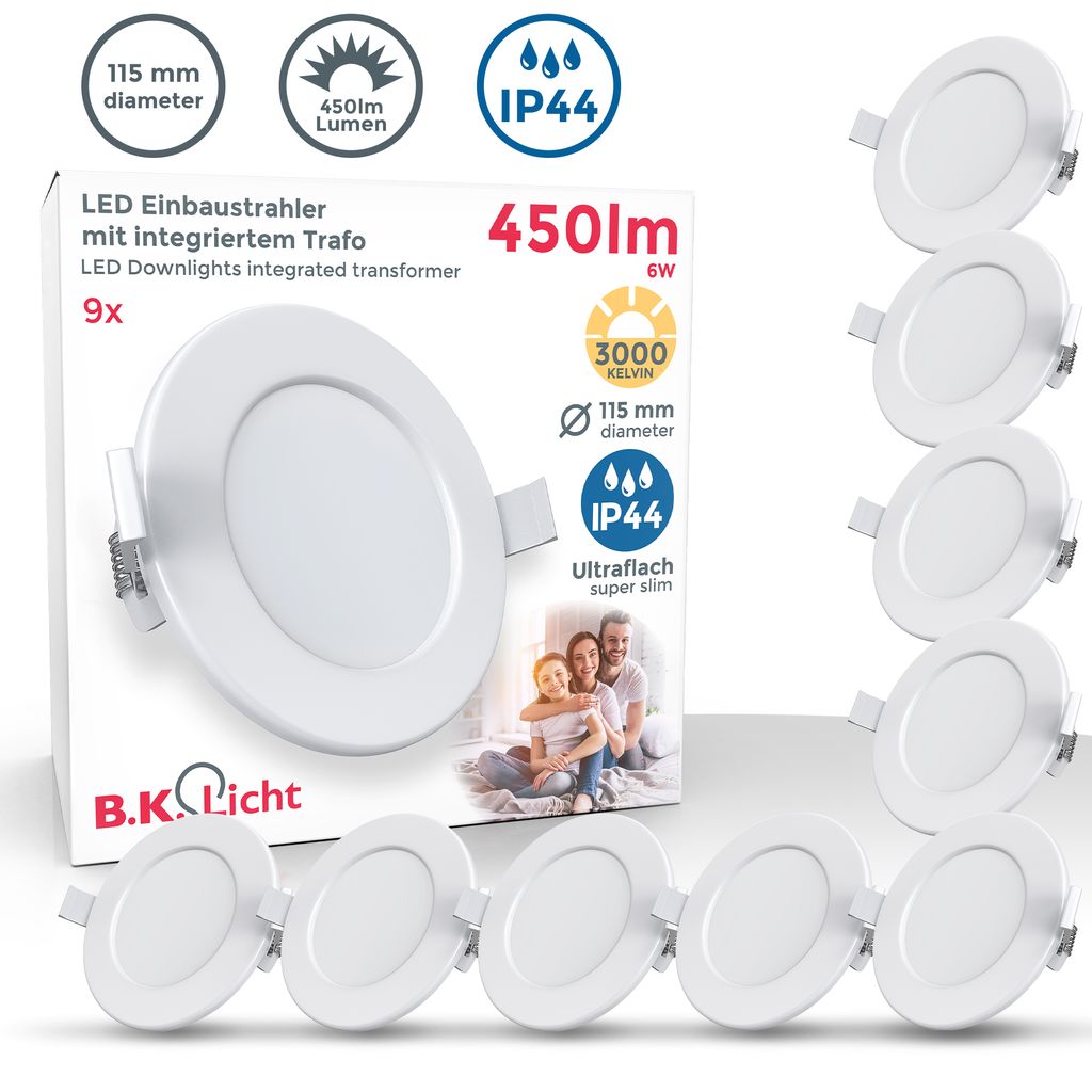 Einbauspot 100mm 9er Set - 230V. 6W. 450lm. LED. IP44. warmweiß. weiß 1