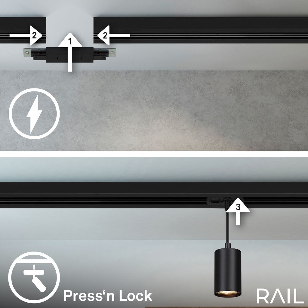 HV Track Schienensystem. Komplettset. 4x GU10 Pendel. Einspeisung. Schwarz. 1.5 m 4