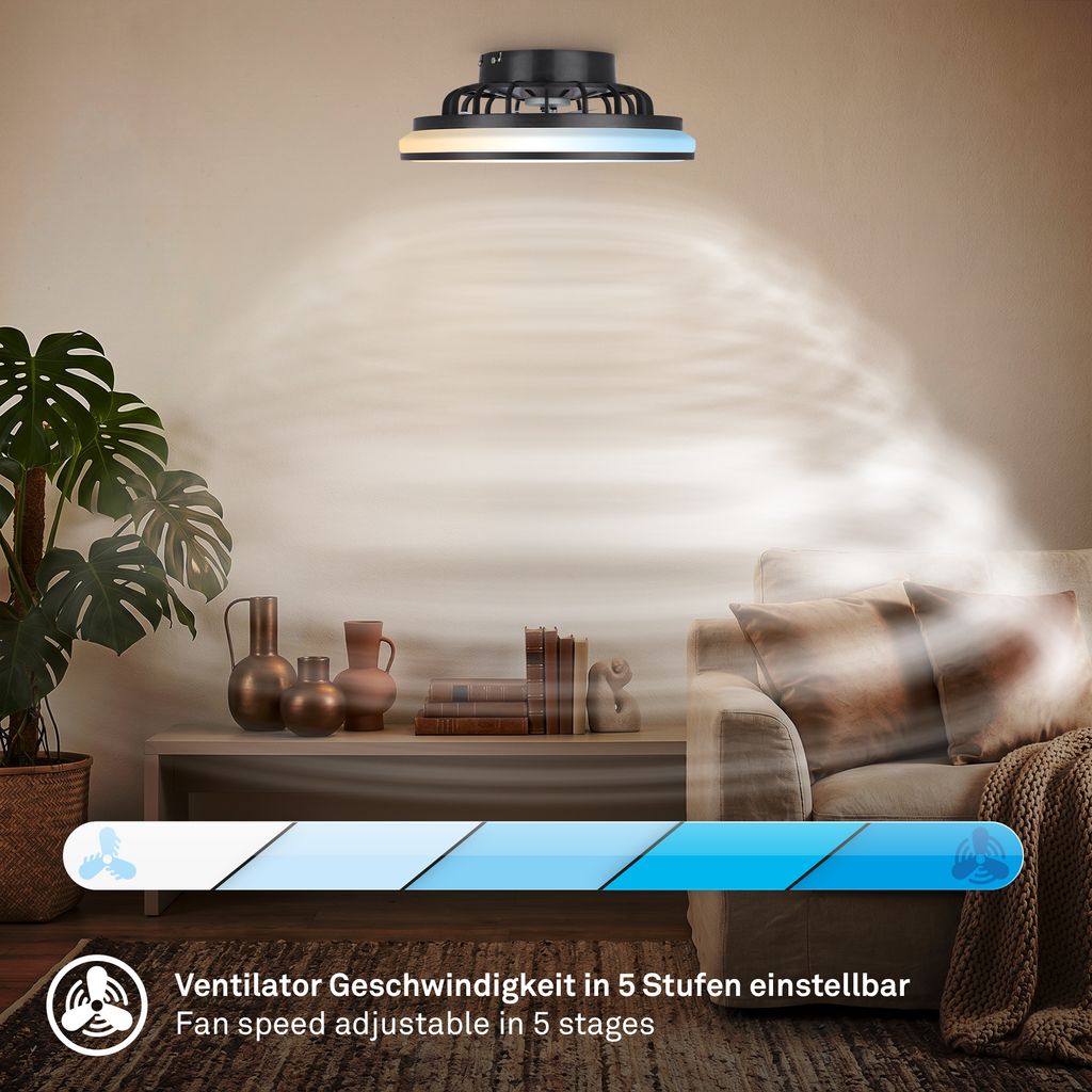 Venturo Deckenventilator mit Beleuchtung - 24W, 2600lm, 5 Geschwindkeiten, CCT, Dimmbar, Schwarz