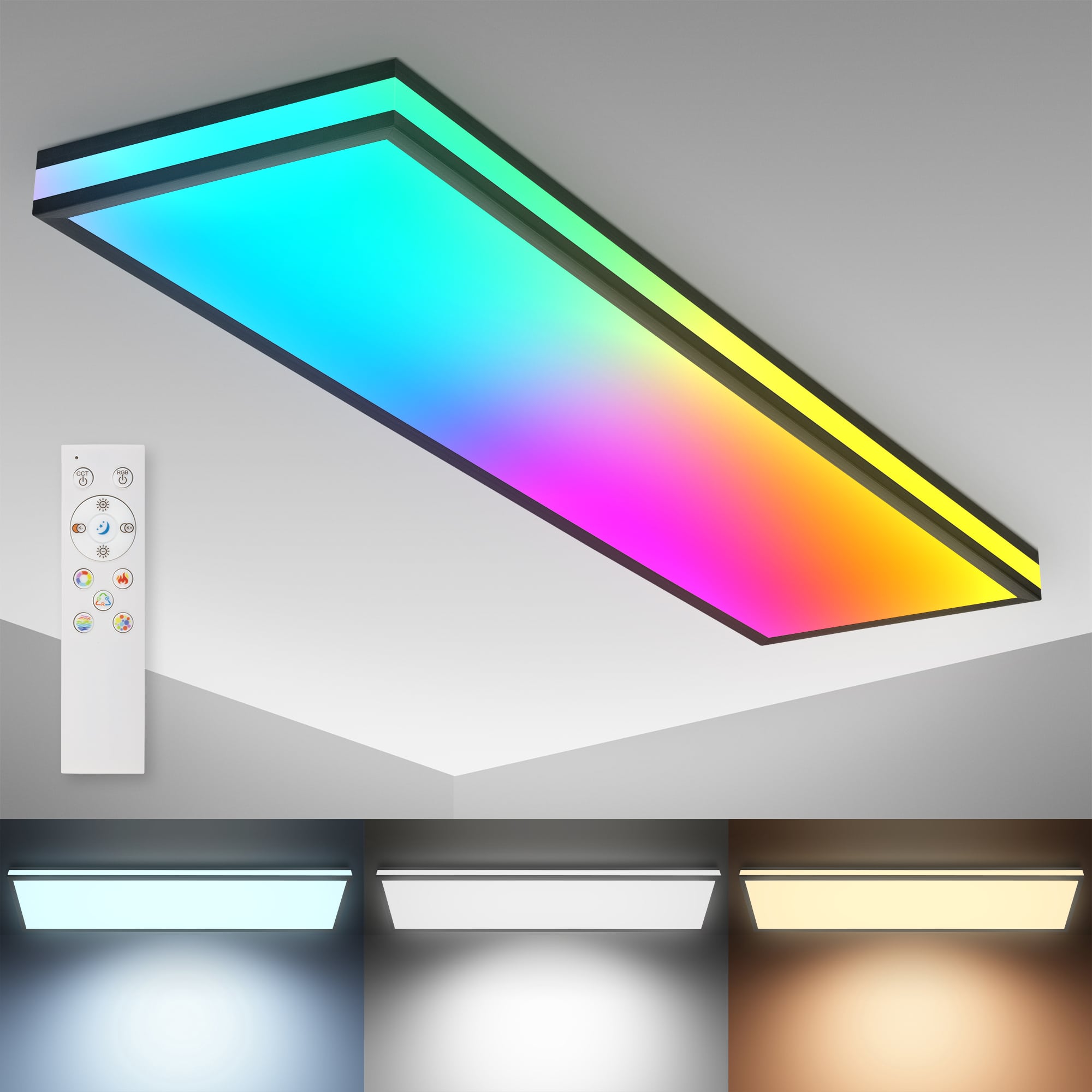  LED Panel RGB dynamischer Farbwechsel - 100x25cm - Deckenleuchte dimmbar 24W 2400lm CCT 3000–6500K Deckenlampe Wohnzimmer mit Fernbedienung Timer Nachtlicht  | schwarz  - 5