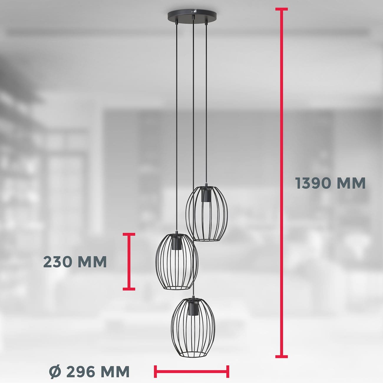 LED Pendelleuchte, 3-flammige Draht-Pendelleuchte, E27 Fassung, 296x1390 mm, schwarz, Metall, IP20 Schutzart - 7