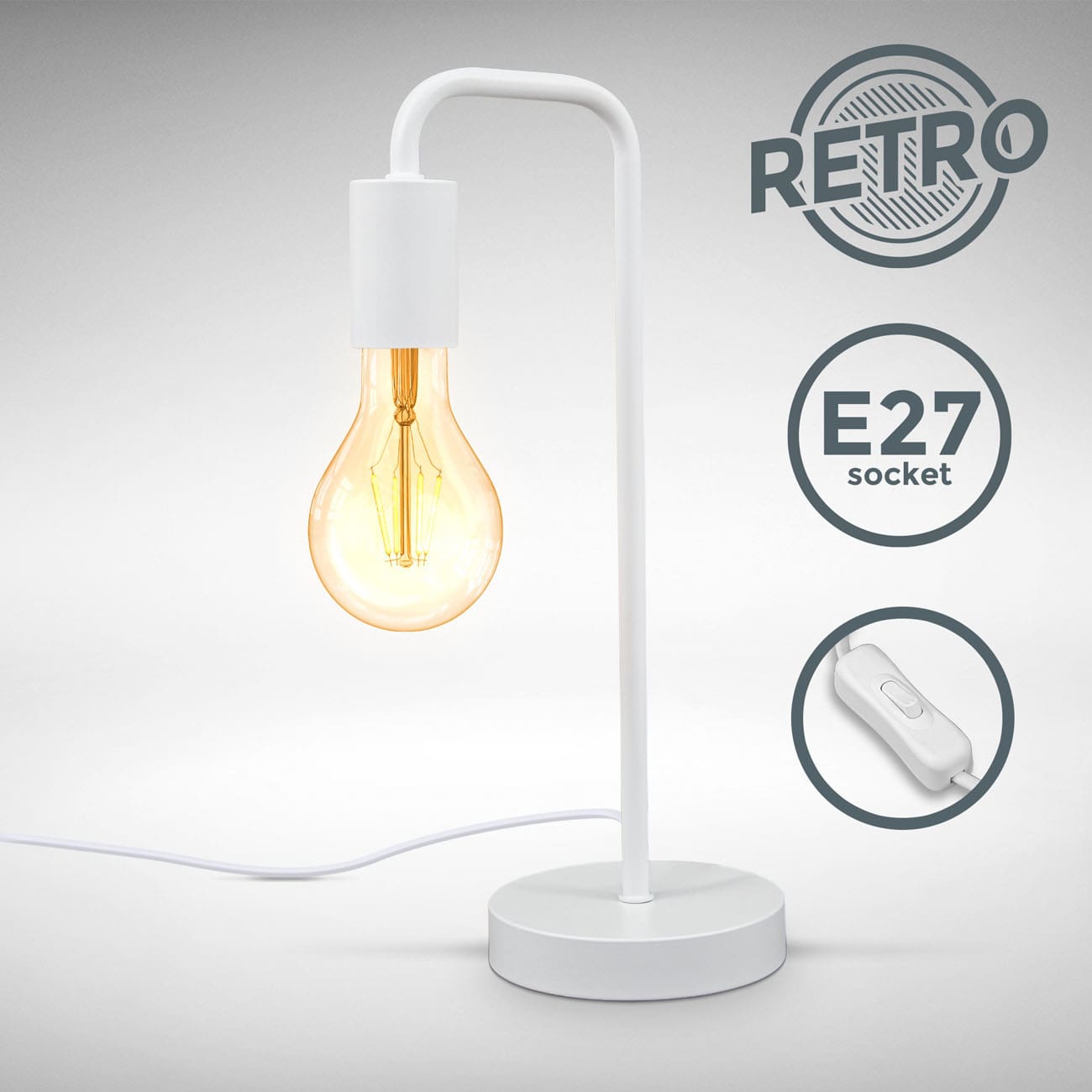 Retro Tischlampe 38x13cm - 1-flammig - Tischleuchte Metall mit Kabelschalter Fassung E27 max 10W Nachttisch | Weiß - 5