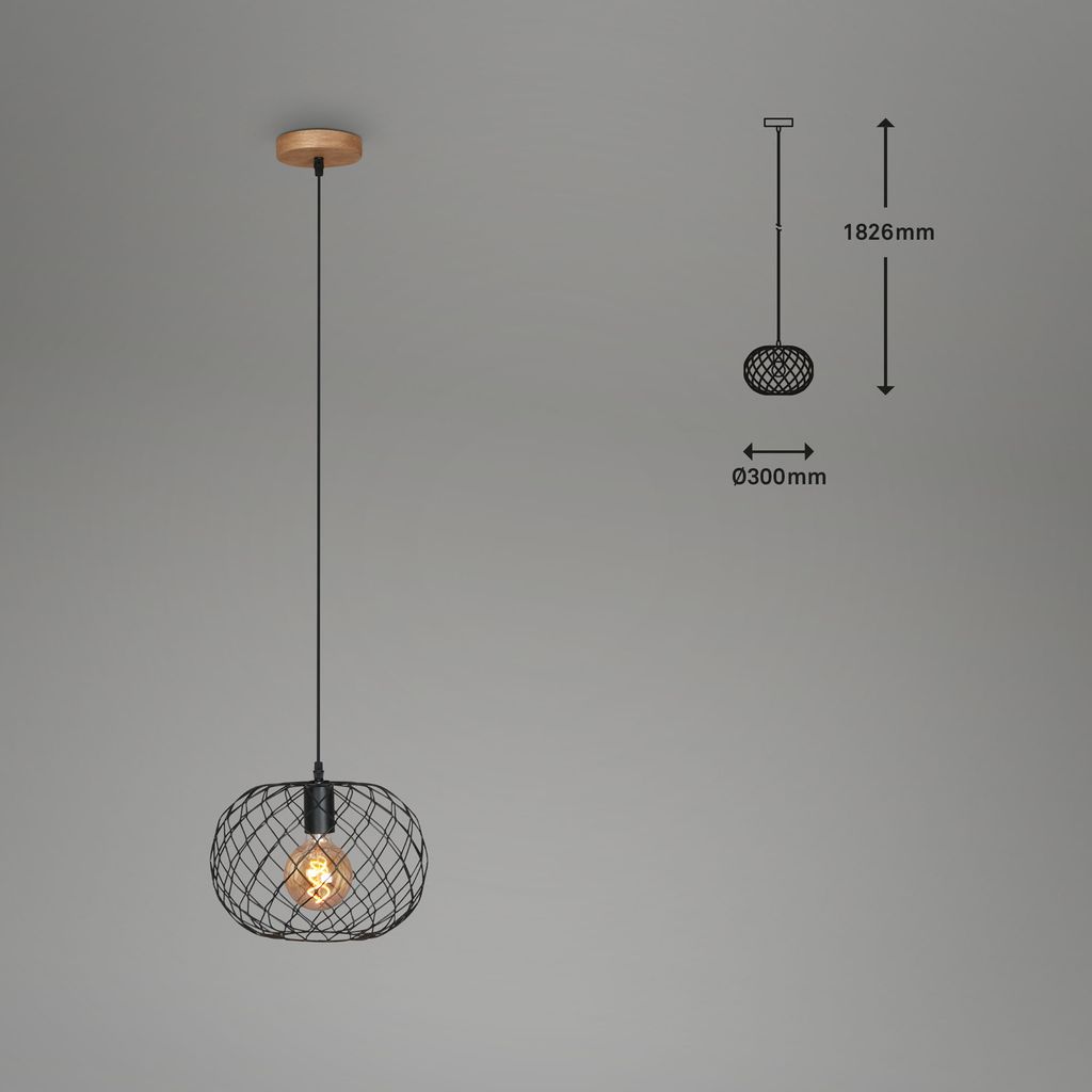 Retro Pendelleuchte 30 cm ? 1-flammig. E27. max. 40W. Metall / Holz.  Schwarz 5