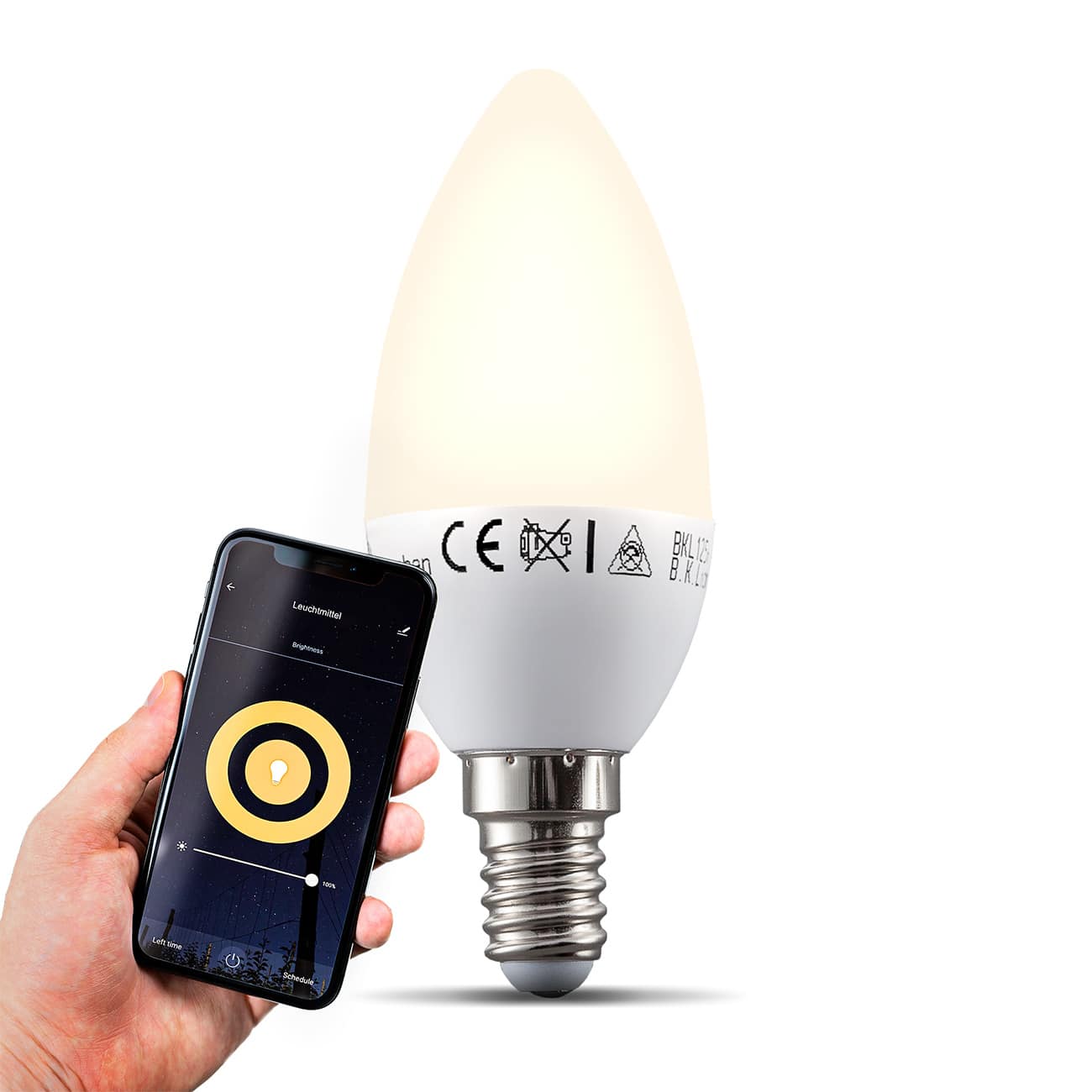 Smartes LED Leuchtmittel E14 dimmbar - 1er Set - Energiespar-Lampe Kerzenform 37x107mm WIFI IOS / Android Kerzenform 5,5W 470lm 2.700K warmweißes Licht | weiß - 3