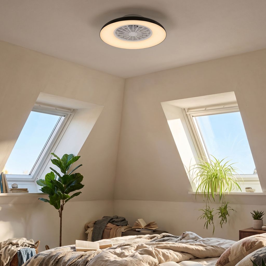 Windora Deckenventilator mit Beleuchtung - 36,5W, 3900lm, 5 Geschwindkeiten, CCT, Dimmbar, Schwarz, Weiß