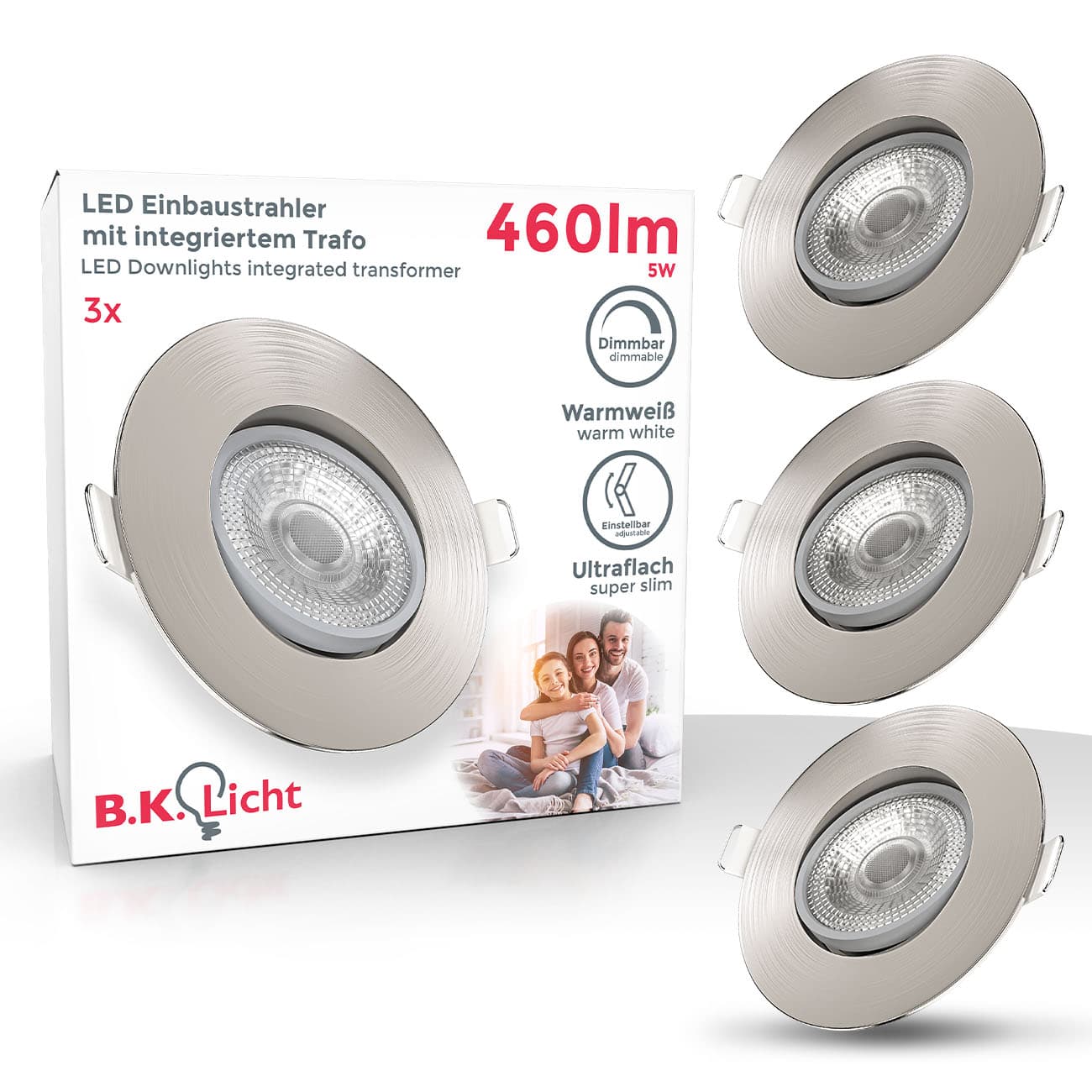 LED Einbaustrahler Ø90mm - 3er SET - dimmbar ultraflach 24mm schwenkbar 230V 5W 460lm warmweiß | Matt-Nickel - 1