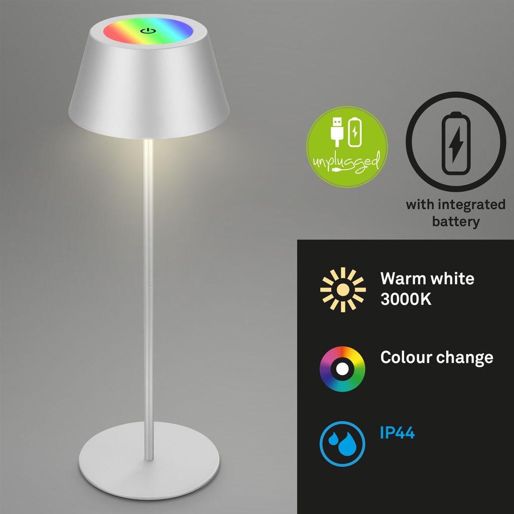 LED Akku-Tischleuchte Tischlampe höhenverstellbar IP44 silber RGB innen außen 2