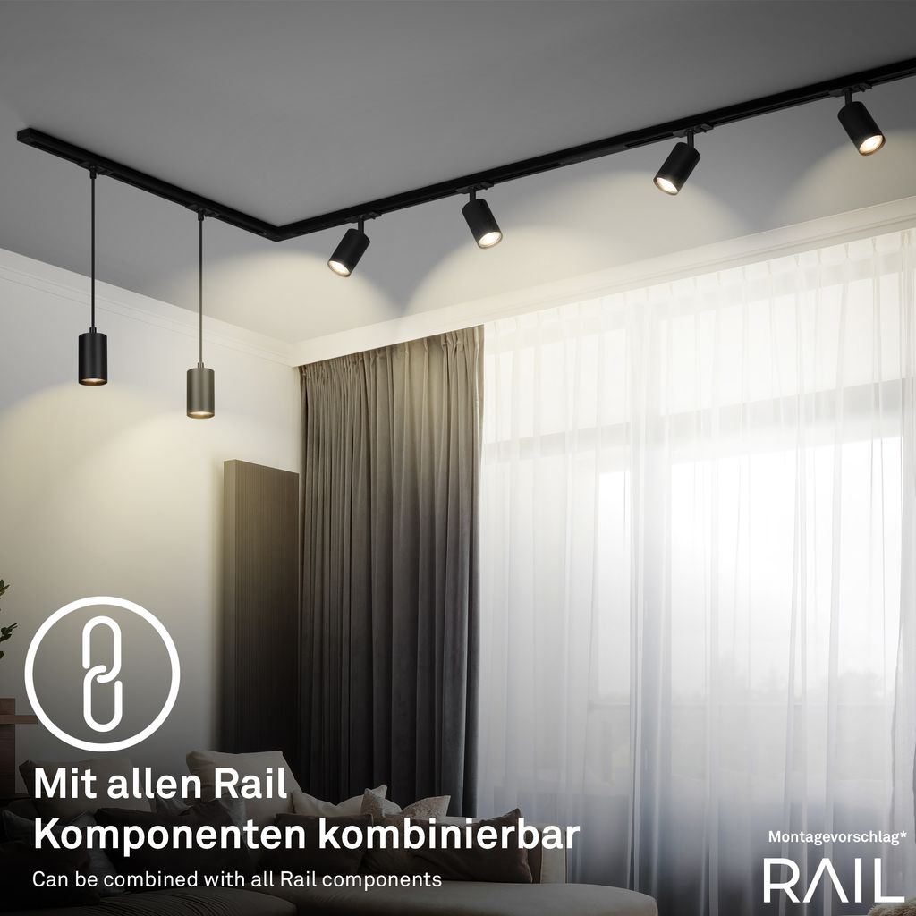 HV Track Schienensystem. Komplettset. 6x GU10 Spots. Schwenkbar. Drehbar. Weiß. 4.5 m 4