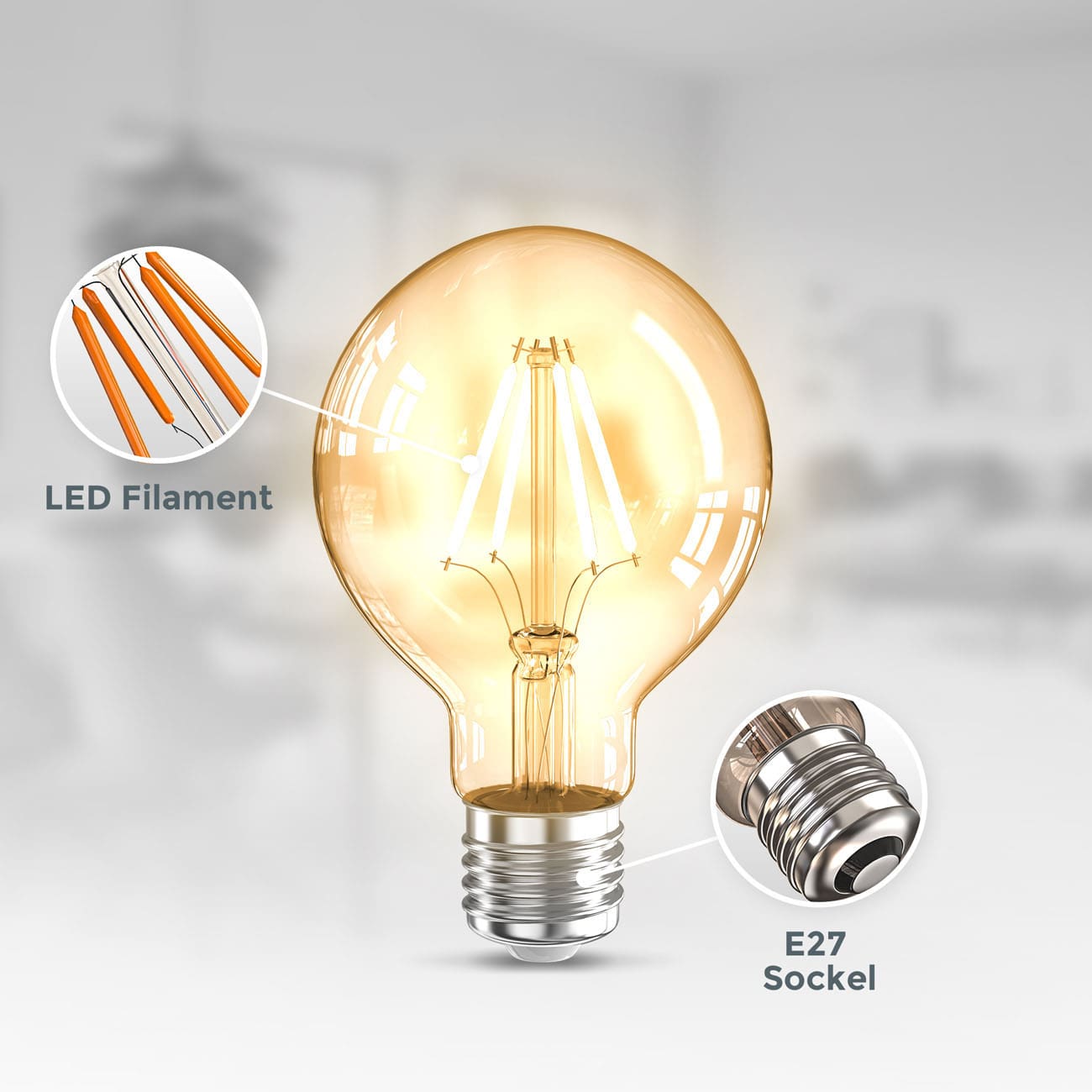 LED Glühbirne G80 E27 Vintage Lampe Edison - 2er Set - Retro-Glühlampe 126x80mm Tropfenform Energiesparlampe 4W 320lm 2.200K ultra-warmweißes Licht | bernstein - 4