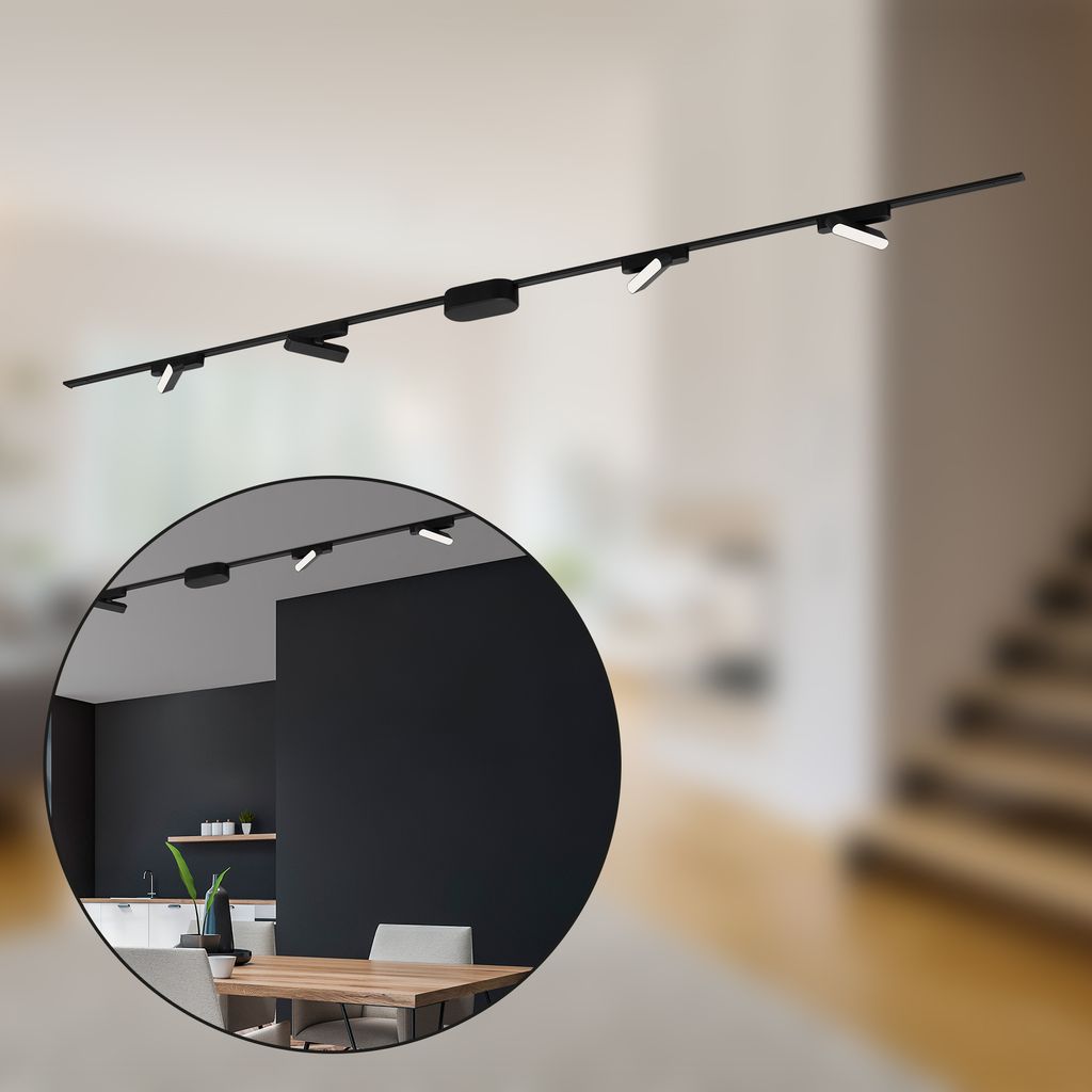 NV Track Schienensystem. Komplettset. 4x LED Tracklight. Schwenkbar. Einspeisung. Schwarz. 2 m 6