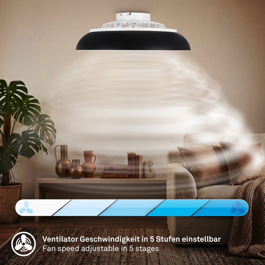 Windora Deckenventilator mit Beleuchtung - 36,5W, 3900lm, 5 Geschwindkeiten, CCT, Dimmbar, Schwarz, Weiß