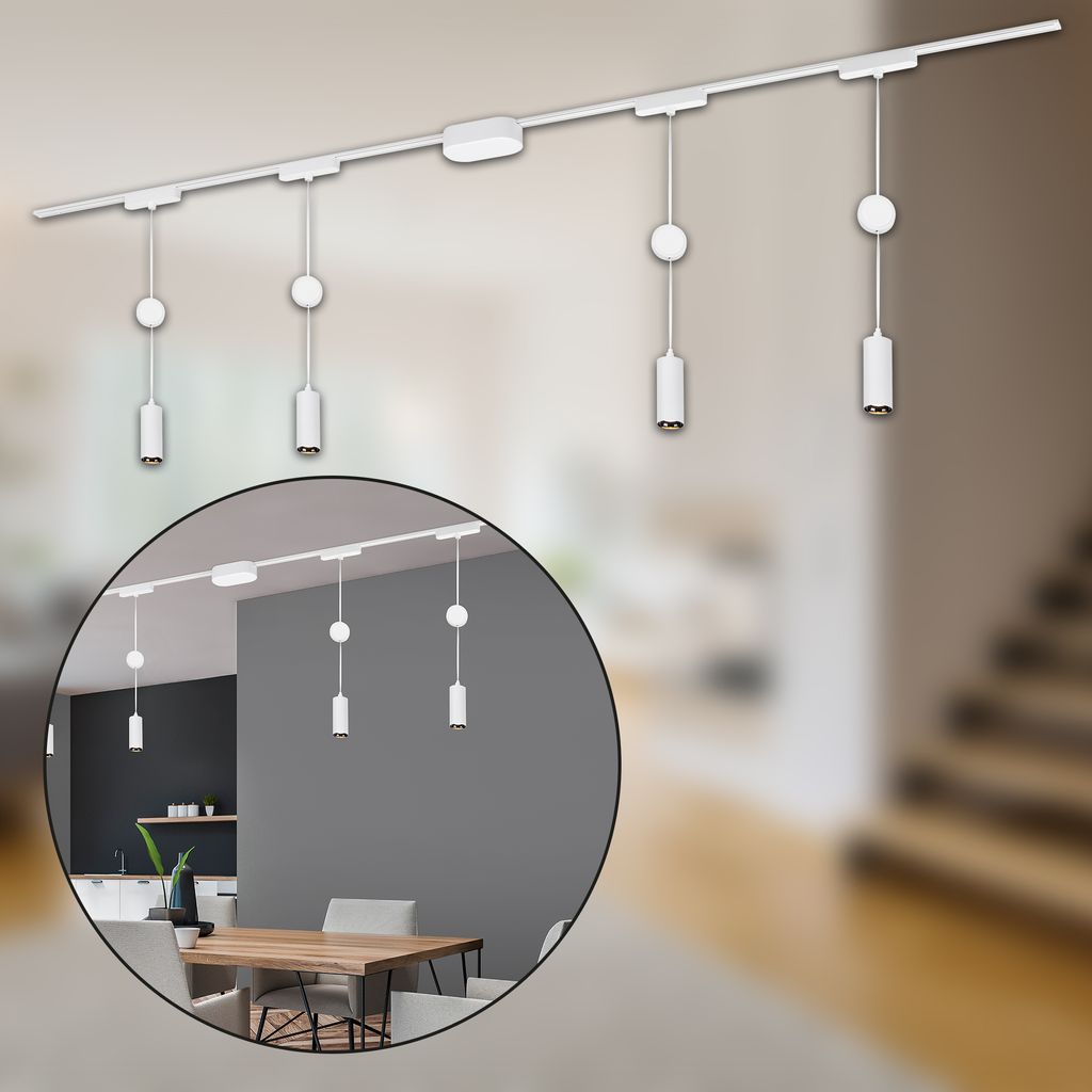Niedervolt-Schienensystem Set 200cm - 4x LED Pendel. Höhenverstellbar. Einspeisung. Weiß 1