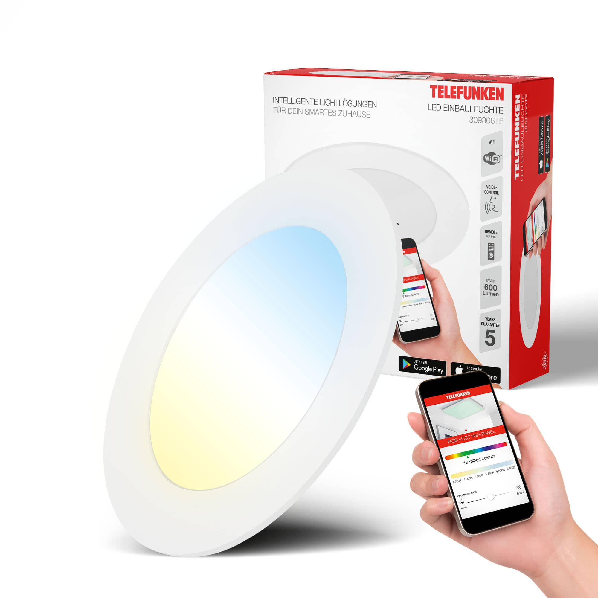 Smart LED Einbaustrahler RGB-W dimmbar 230V - 110x30mm - WiFi Einbauleuchte flach mit Fernbedienung App & Sprachsteuerung 6W 600lm CCT 2700-6500K I weiß - 8
