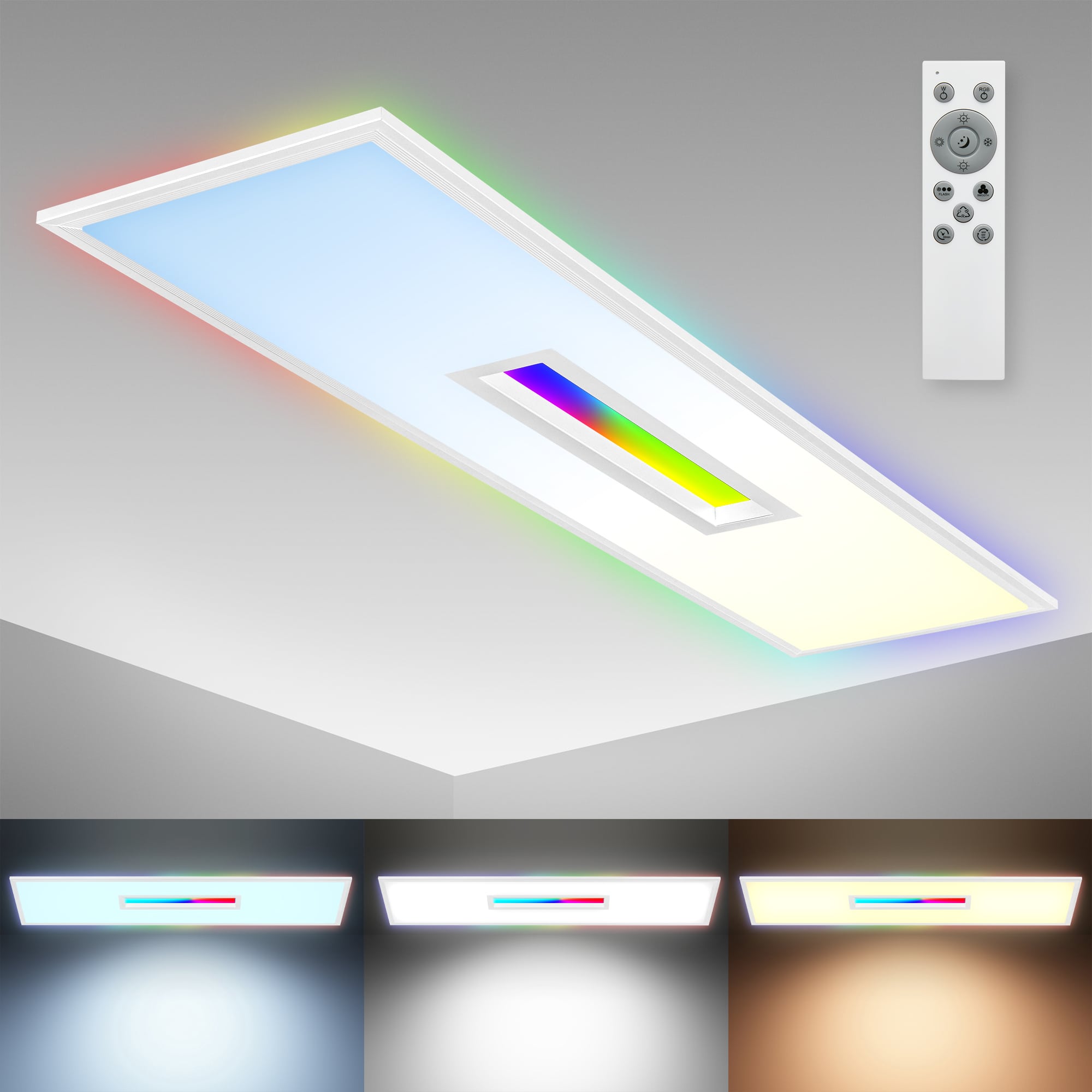  LED Panel dimmbar mit Backlight - 100x25x6cm - Deckenleuchte 36W 2500lm RGB  CCT 3000–6500K Fernbedienung Timer Memory Deckenlampe Wohnzimmer | weiß - 4