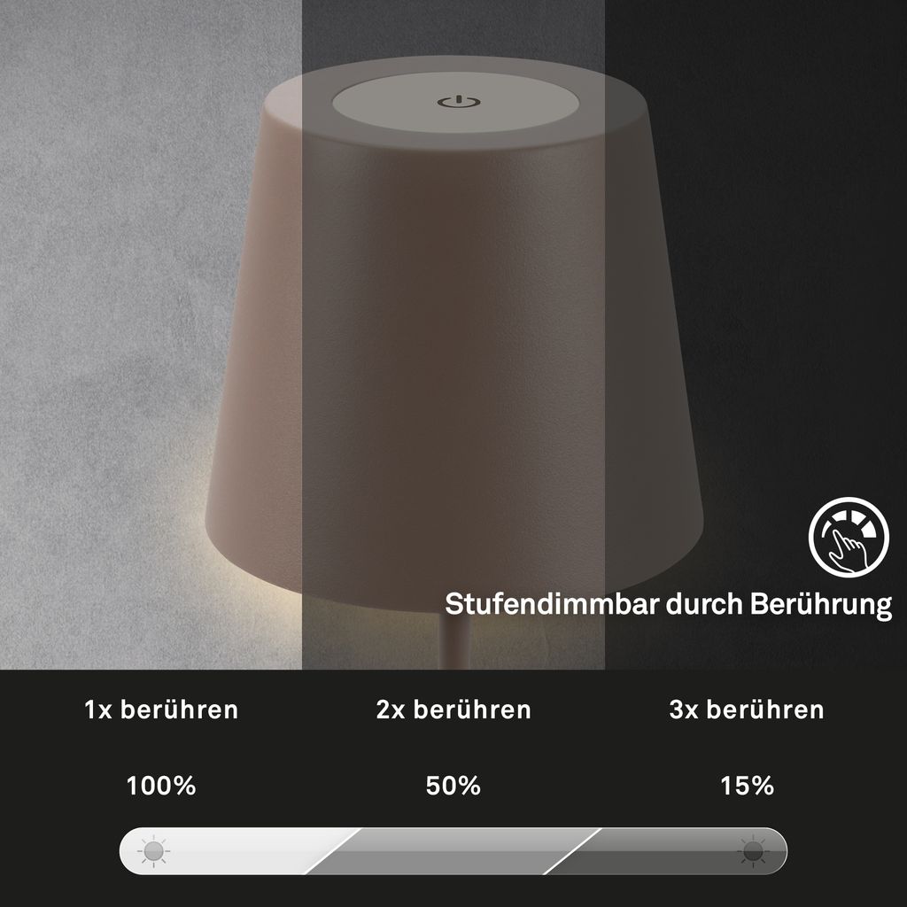 Briloner KIKI 2er Set LED Tischlampe kabellos. Touch. Dimmbar. USB-C Aufladung. IP44. Höhenverstellbar. Umbrasand. Ø12 x 36 cm 2