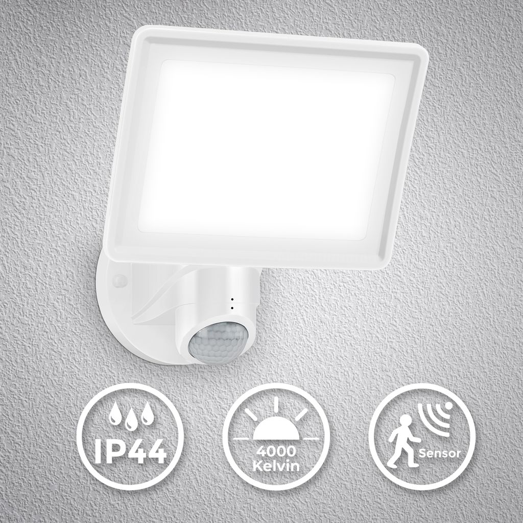 LED Aussenlampe mit Bewegungsmelder. Schwenkbare Wandlampe. IP44 Spritzwasserschutz. 20W. 2000lm. 4.000K neutralweißes Licht. Wandleuchte. Aussenlampe Wand. LED Strahler. Leuchtdauer einstellbar I Weiß  1