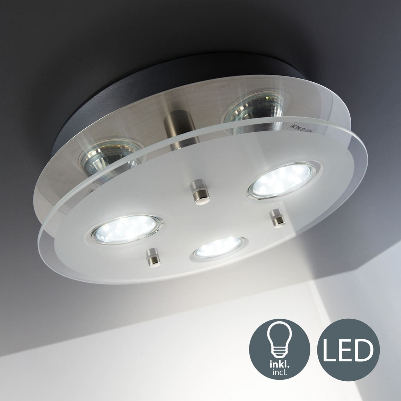 LED Deckenleuchte rund 25x7 cm - 3-flammig - moderne Deckenlampe Glas Metall GU10 9W 750lm warmweiß | Matt-Nickel - 3