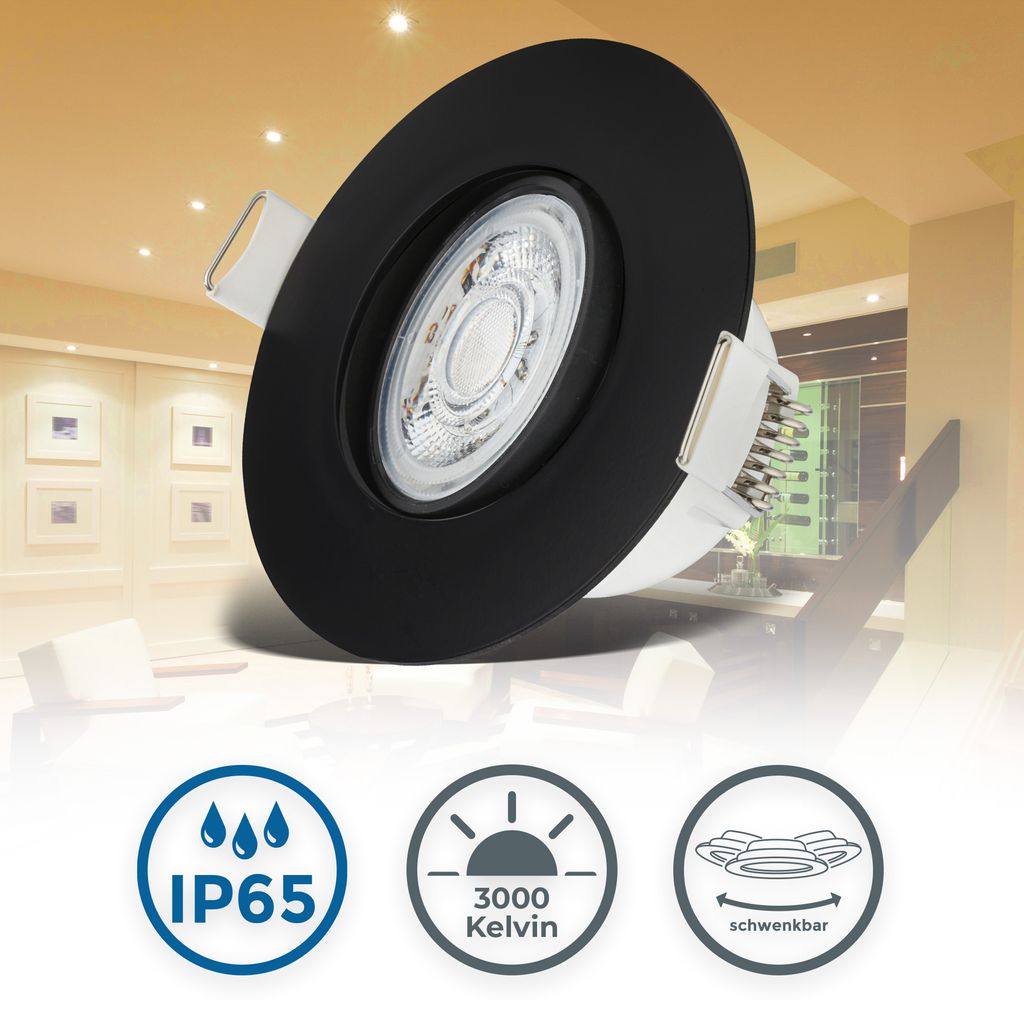 Einbaustrahler 68mm 6er Set - 230V. 4.9W. 480lm. LED. IP65. warmweiß. schwarz 7