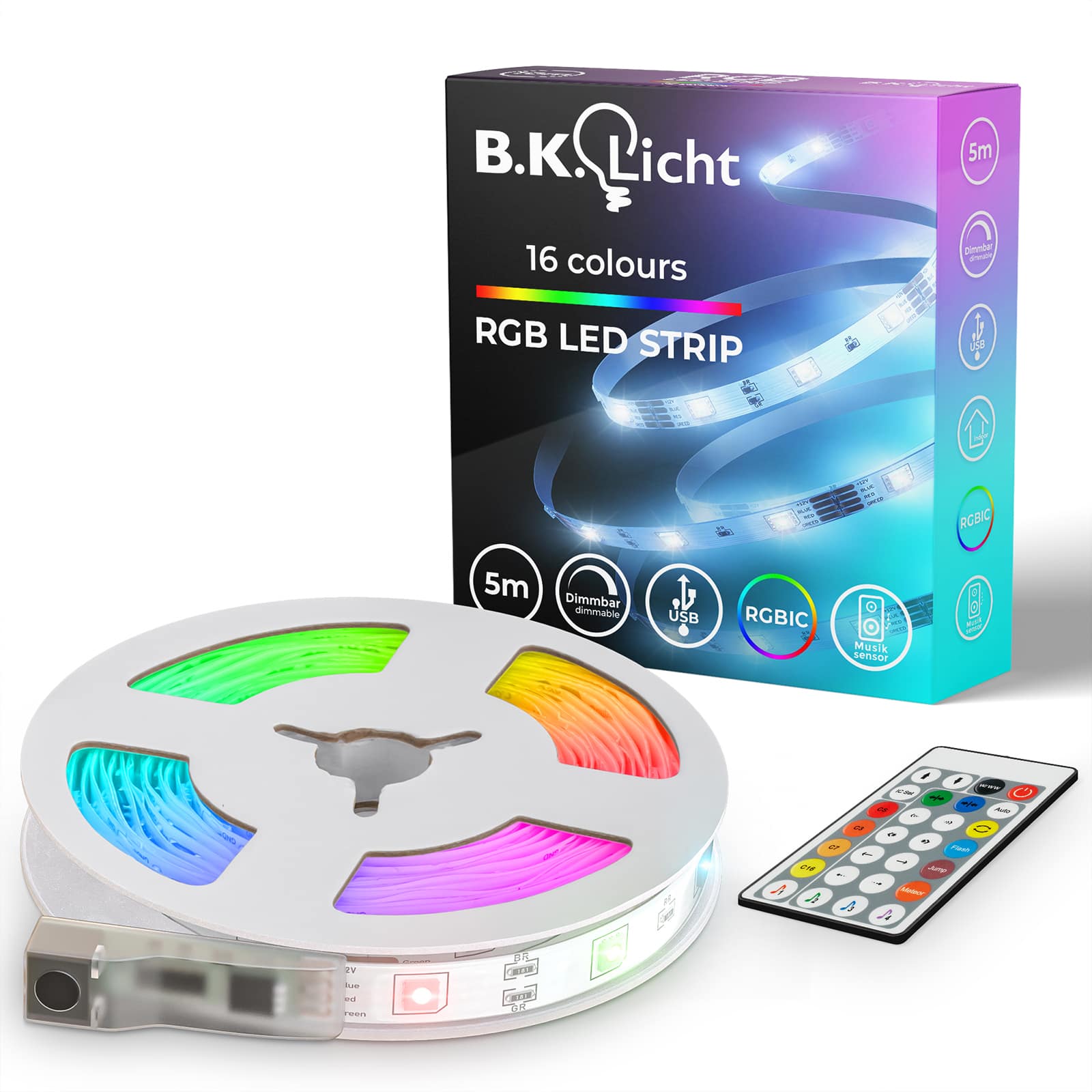 Magic RGB-IC Licht-Band - 5 Meter - USB LED Stripe Streifen 150x RGB-LED 5,5W dimmbar selbstklebend mit Fernbedienung Musiksensor | weiß - 1