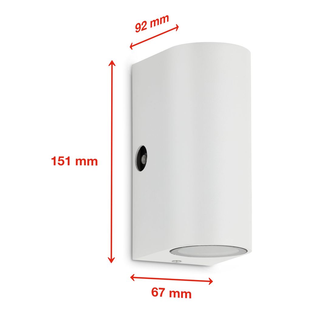 LED Außenwandleuchte mit Dämmerungssensor - 15x6.5x9cm - Wandlampe Außen Up- & Down 2-flammig GU10 5W IP44  400lm 4000K neutralweiße Lichtfarbe I weiß matt 4