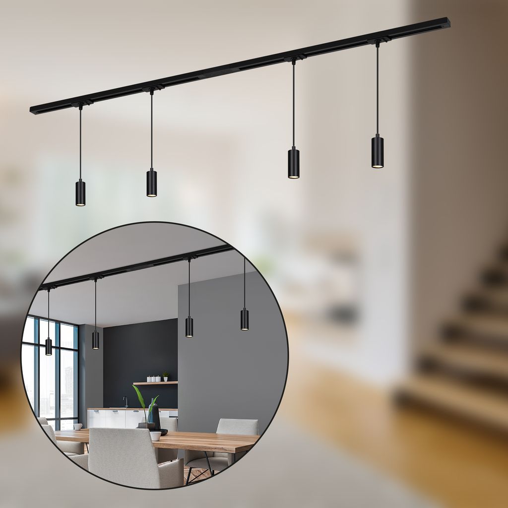 HV Track Schienensystem. Komplettset. 4x LED Pendel. Dimmbar. Einspeisung. Schwarz. 1.5 m 1
