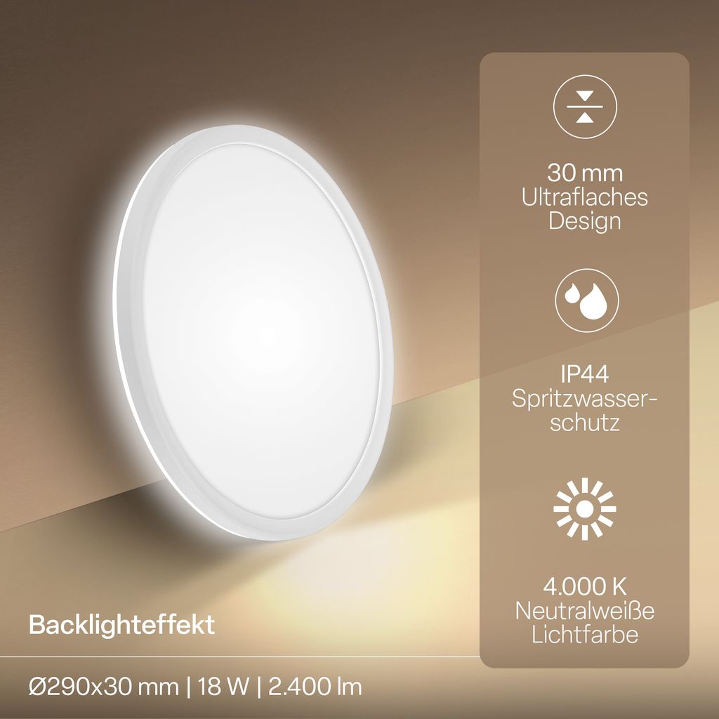 LED Deckenlampe Panel Bad Deckenleuchte Flach Indirektes Licht IP44 29cm Weiß 1