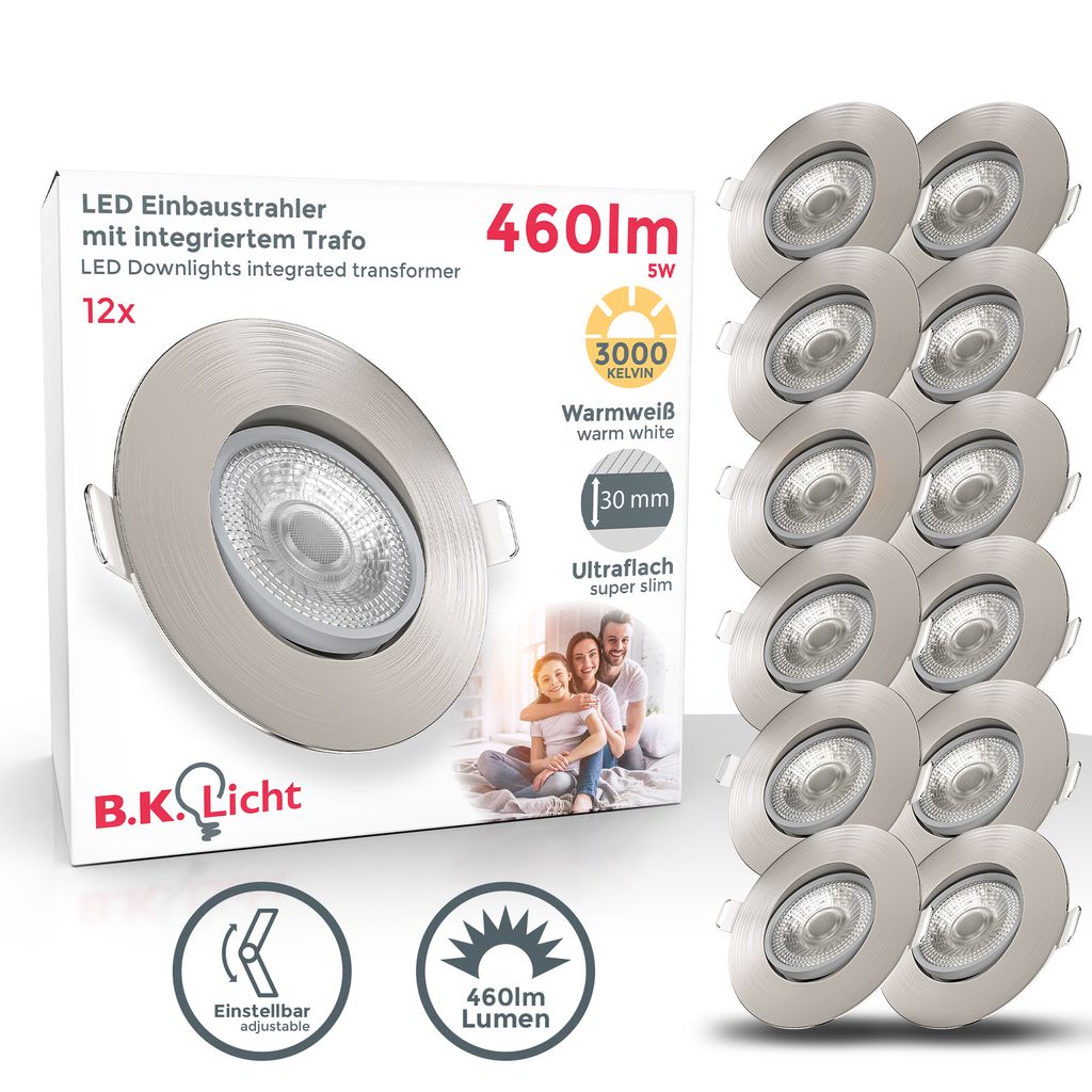 Einbaustrahler 68mm 12er Set - 230V. 4.9W. 480lm. LED. warmweiß. matt-nickel 1