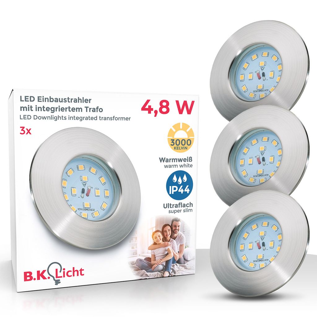 Einbauspot 3er Set 60mm Lochmaß - 230V, 4,8W, 400lm, LED, IP44, warmweiß, matt-nickel