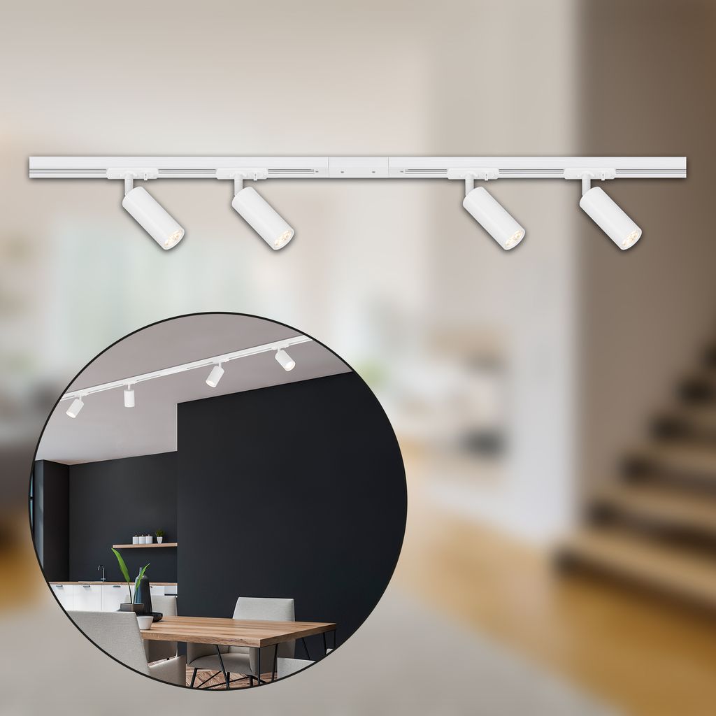 HV Track Schienensystem. Komplettset. 4x LED Spots. Dimmbar. Einspeisung. Weiß. 1.5 m 1