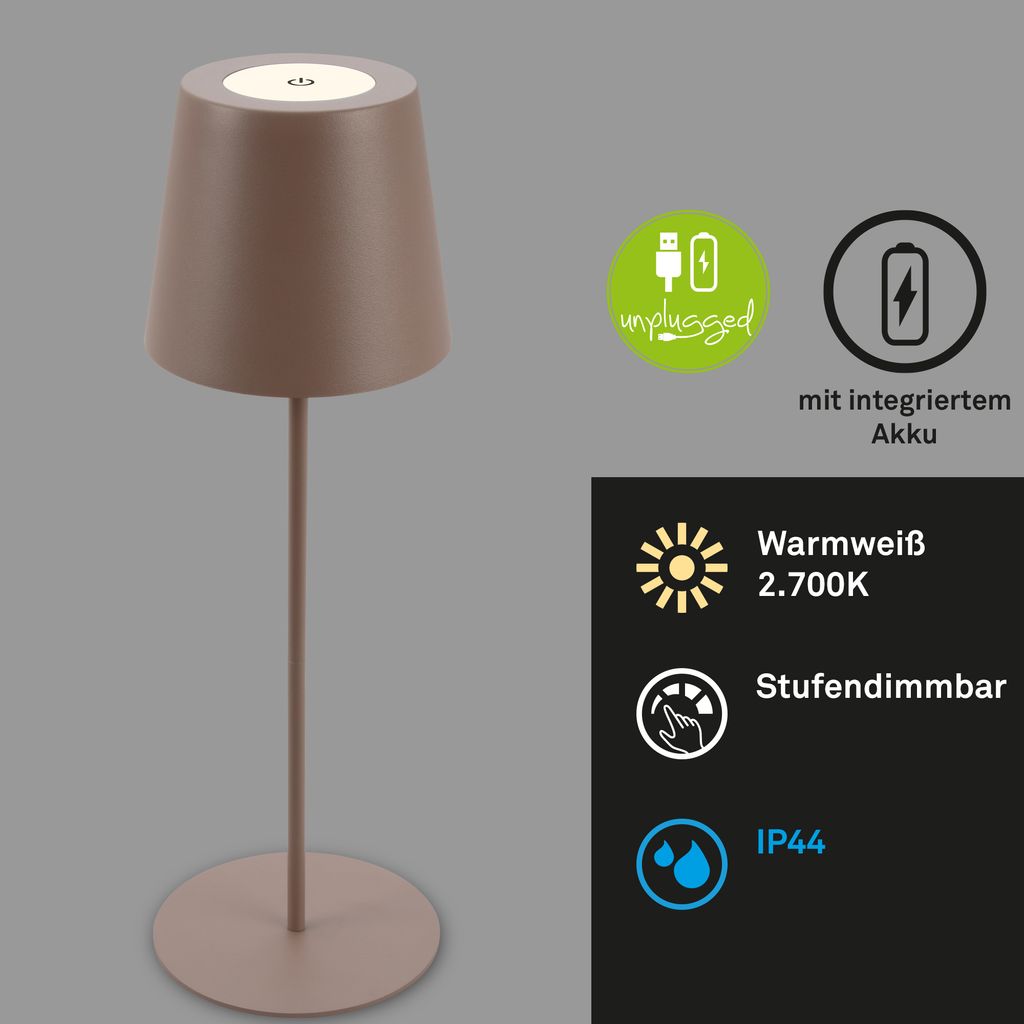 Briloner KIKI 2er Set LED Tischlampe kabellos. Touch. Dimmbar. USB-C Aufladung. IP44. Höhenverstellbar. Umbrasand. Ø12 x 36 cm 1