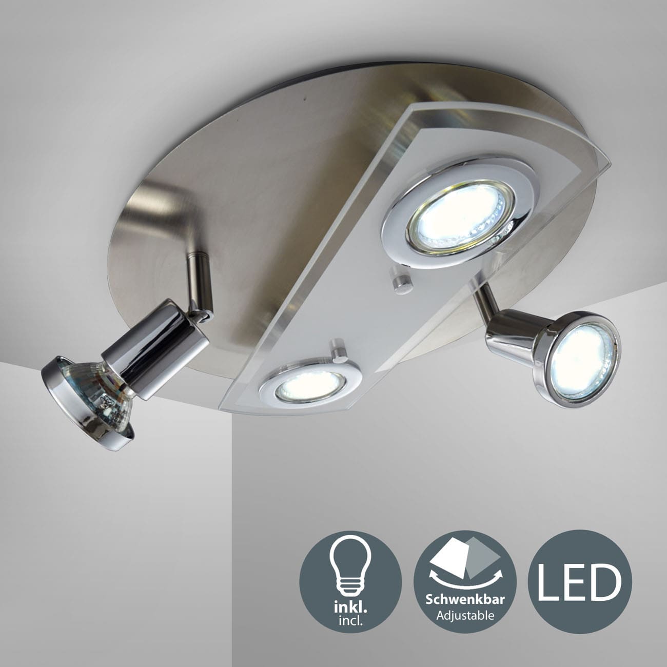LED Deckenleuchte 29cm - 4-flammig - moderne Deckenlampe 2 Spots schwenkbar Glas Metall GU10 12W 1000lm warmweiß | Matt-Nickel - 3